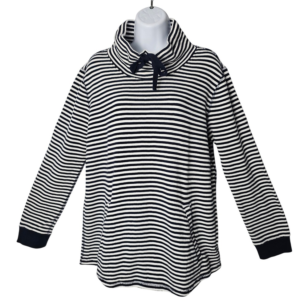J Crew Mercantile Womens Striped Waffle Knit Funnel Neck Pullover L Navy White
